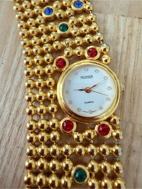 Vintage Homer ladies gold tone colorful accents chunky watch NEW BATTERY